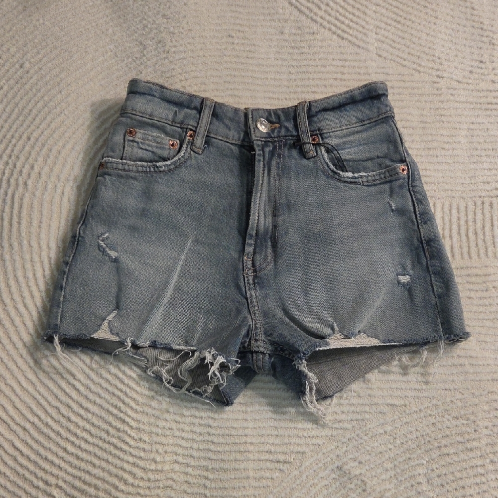 Zara Distressed Light Blue Denim Shorts